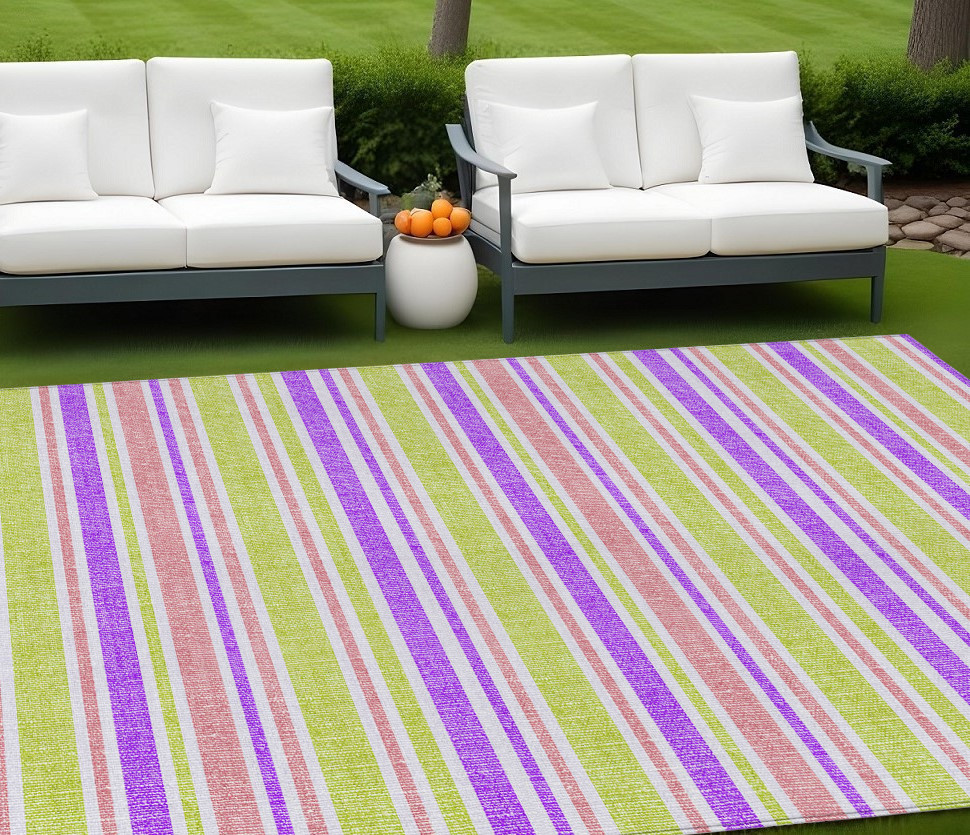 8' X 10' Purple Green and Pink Striped Washable Non Skid Indoor Outdoor Area Rug-561254-1