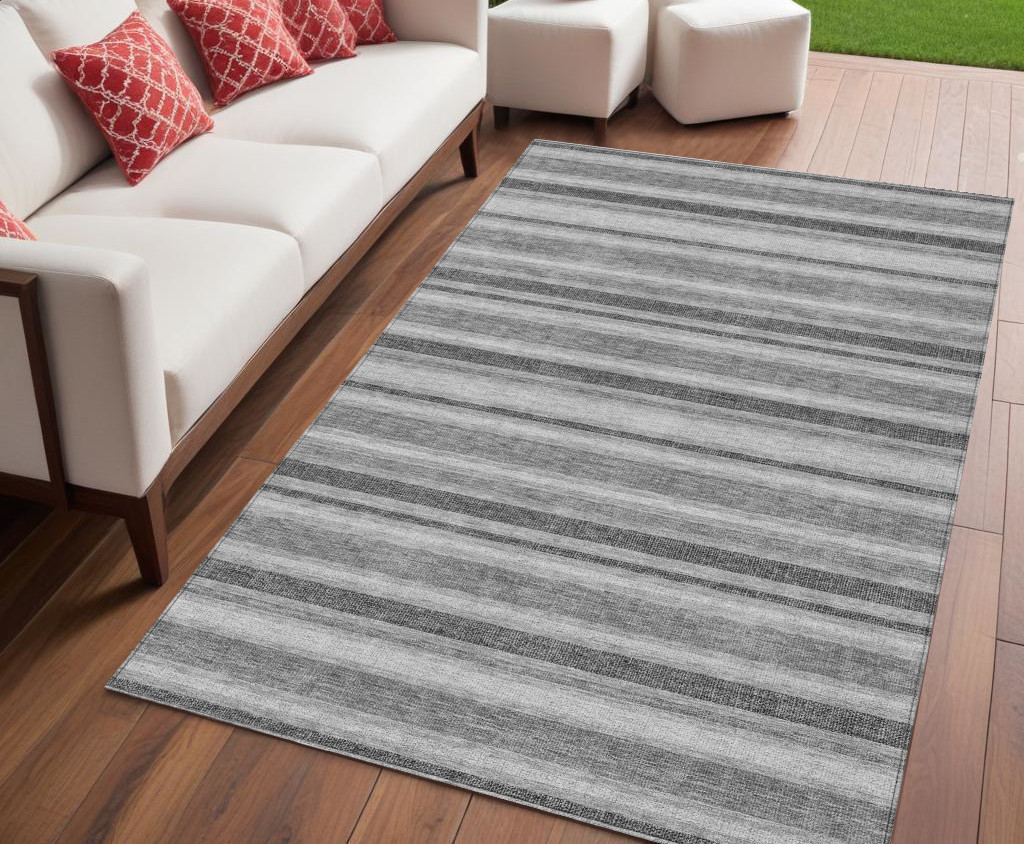 5' X 8' Black Silver and Gray Striped Washable Indoor Outdoor Area Rug-561261-1