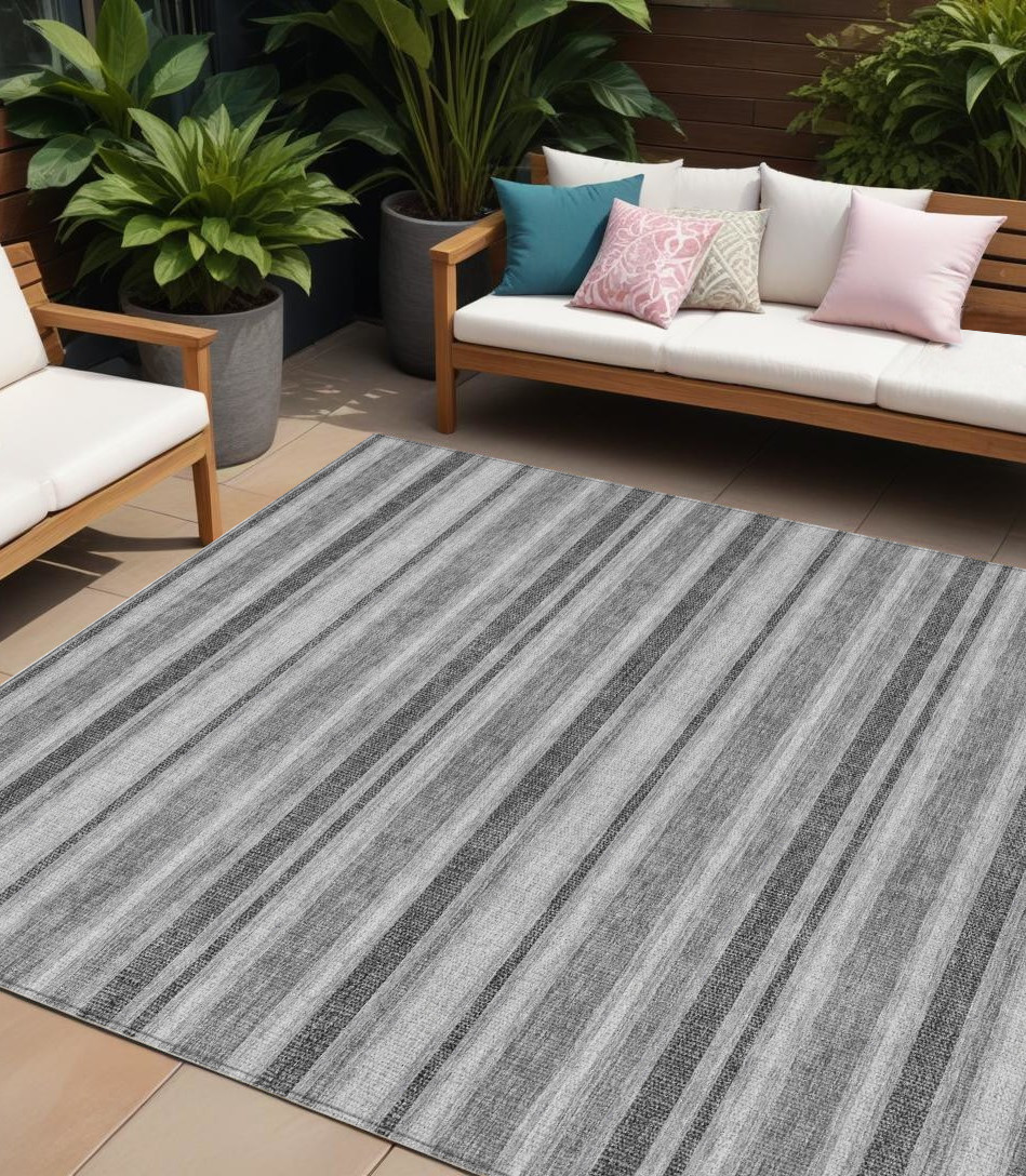 8' X 10' Black Silver and Gray Striped Washable Indoor Outdoor Area Rug-561263-1