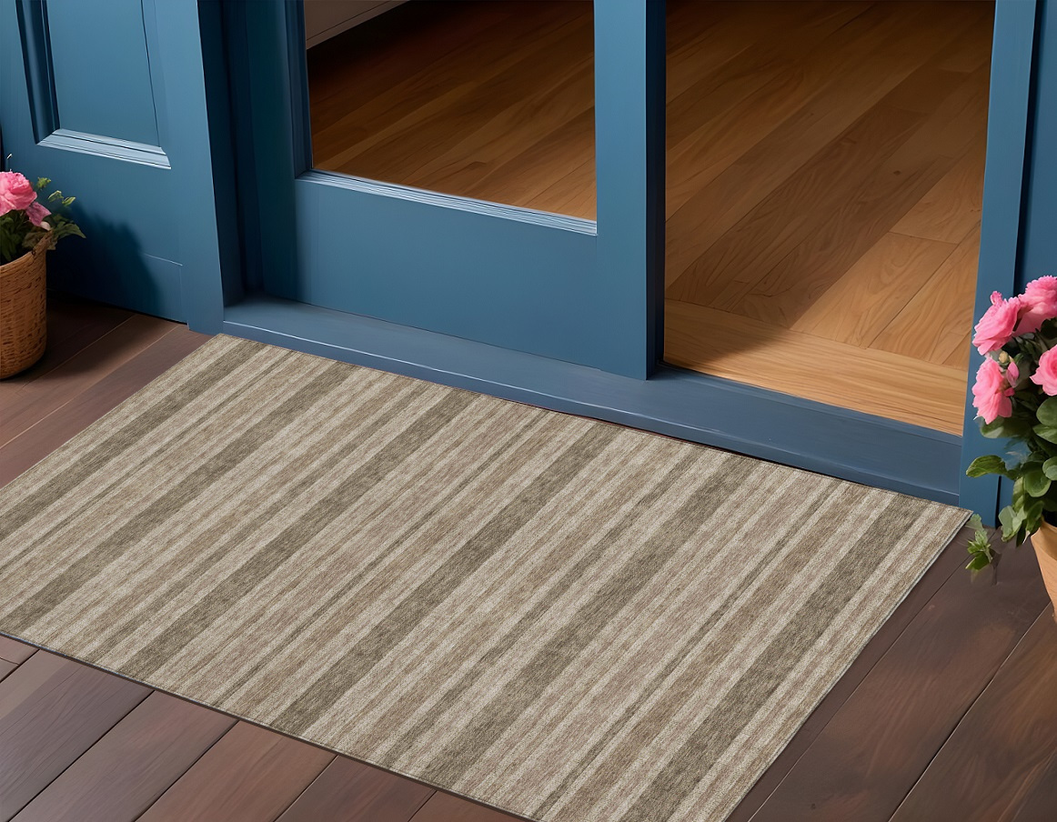2' X 3' Taupe Striped Washable Indoor Outdoor Area Rug-561266-1