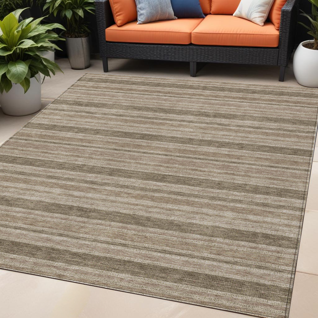 5' X 8' Taupe Striped Washable Indoor Outdoor Area Rug-561270-1