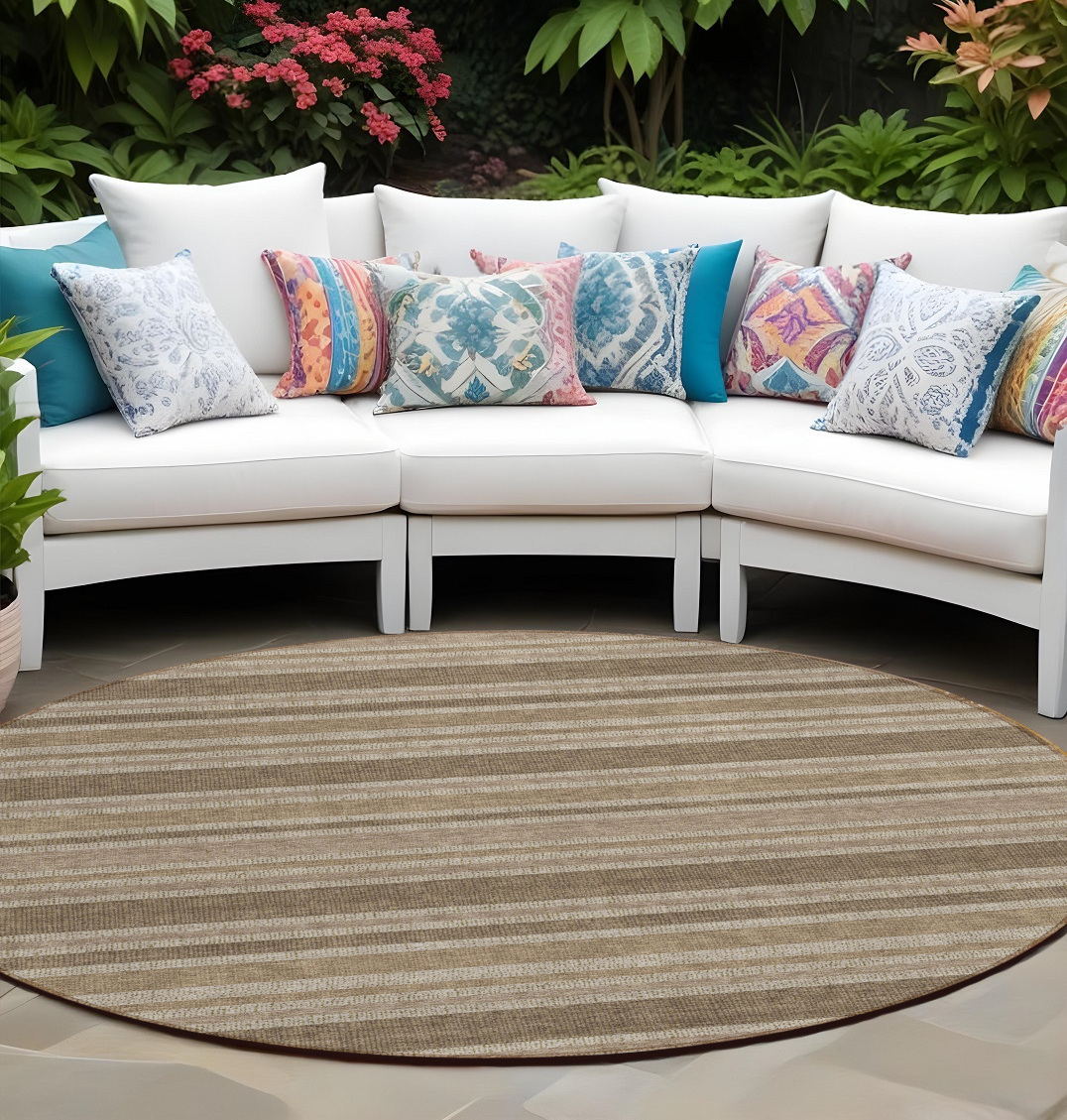 8' X 8' Taupe Round Striped Washable Indoor Outdoor Area Rug-561271-1