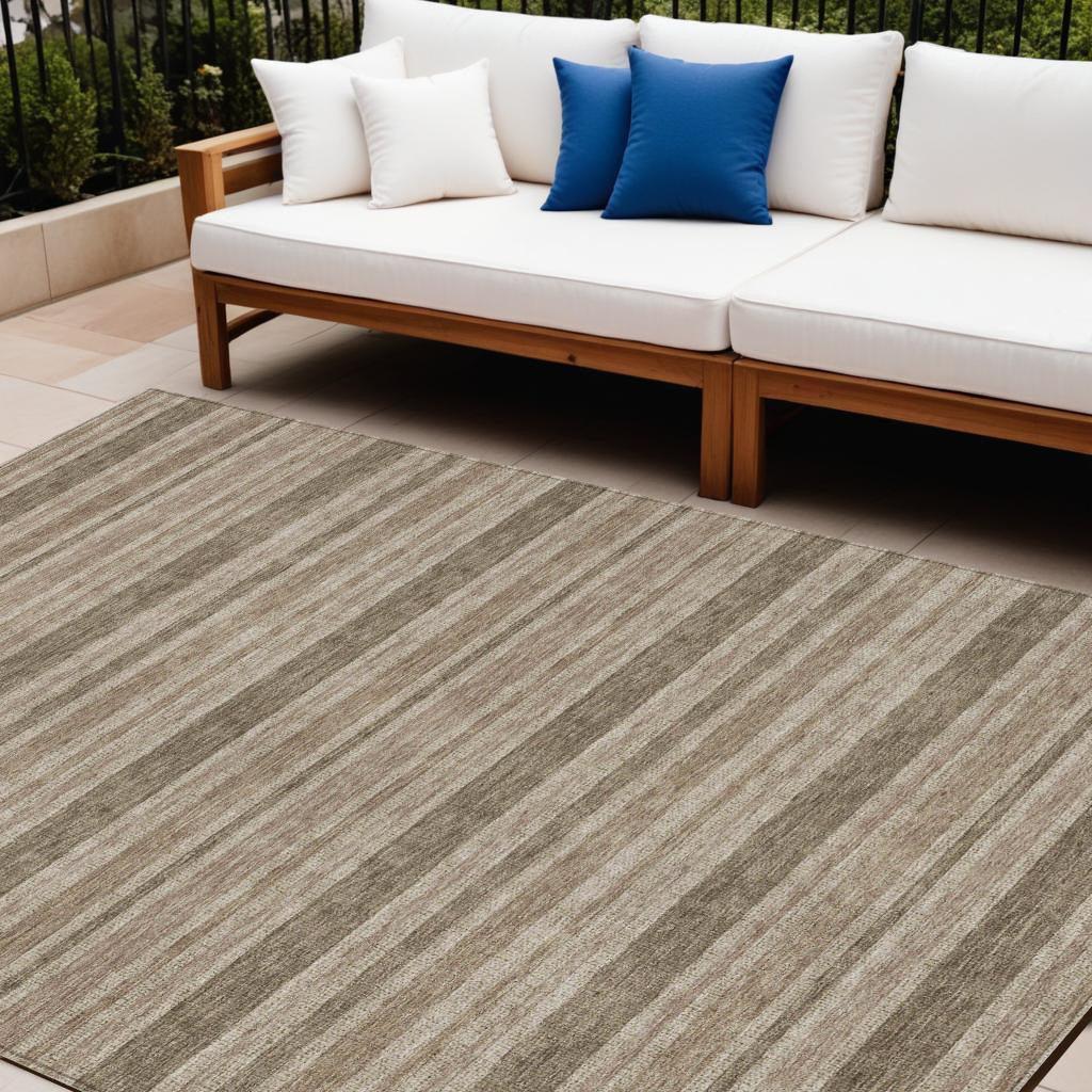 8' X 10' Taupe Striped Washable Indoor Outdoor Area Rug-561272-1
