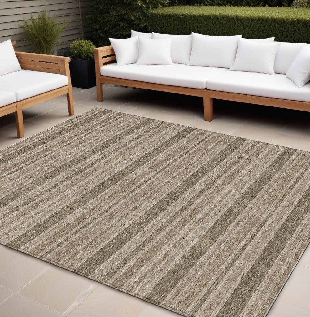 10' X 14' Taupe Striped Washable Non Skid Indoor Outdoor Area Rug-561274-1