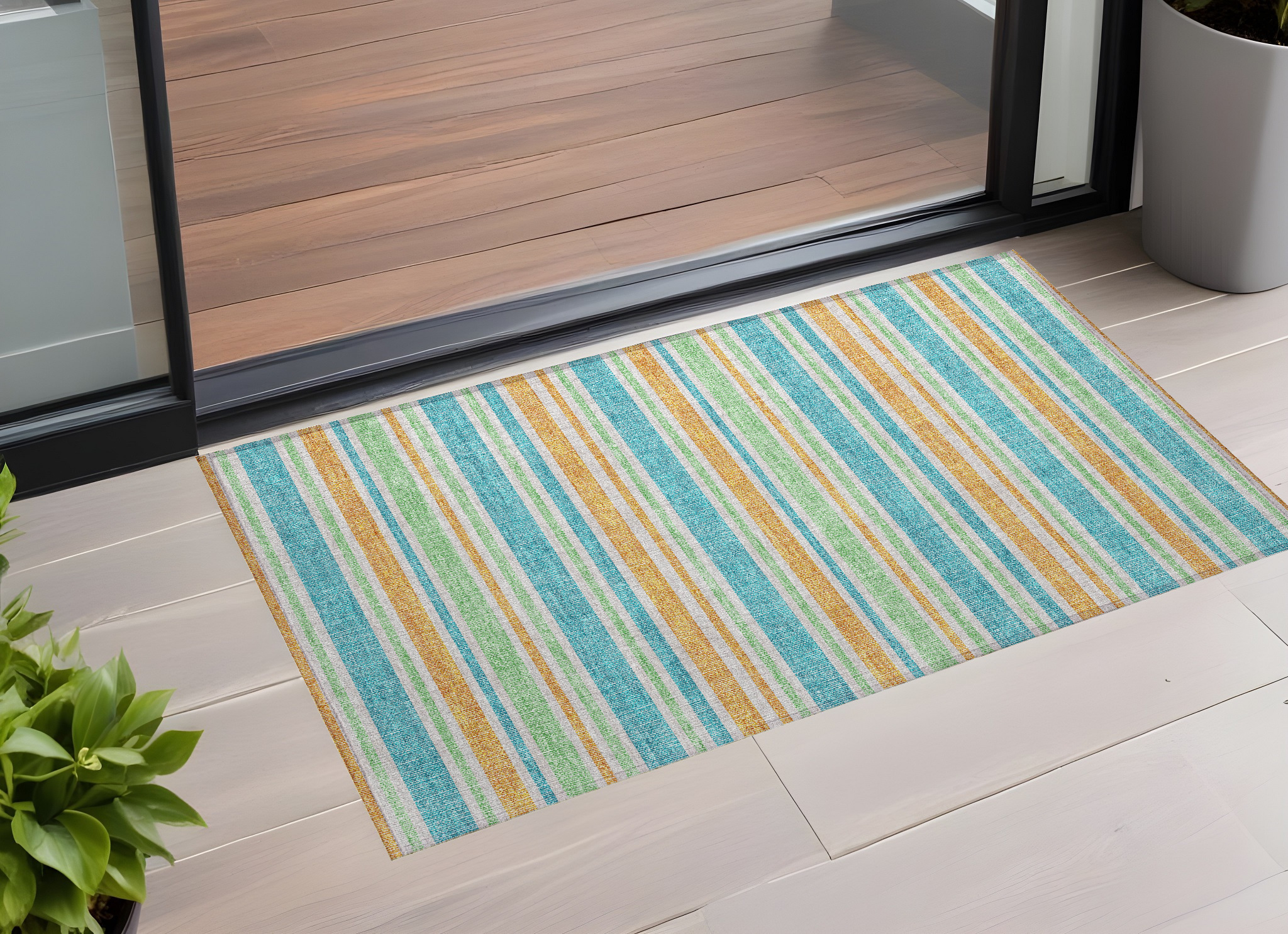 2' X 3' Teal Striped Washable Non Skid Indoor Outdoor Area Rug-561275-1