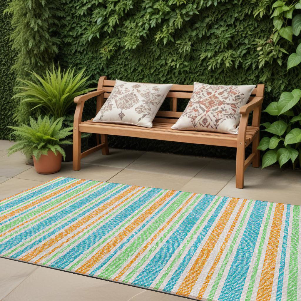 2' X 8' Teal Yellow and Green Striped Washable Non Skid Indoor Outdoor Runner Rug-561276-1