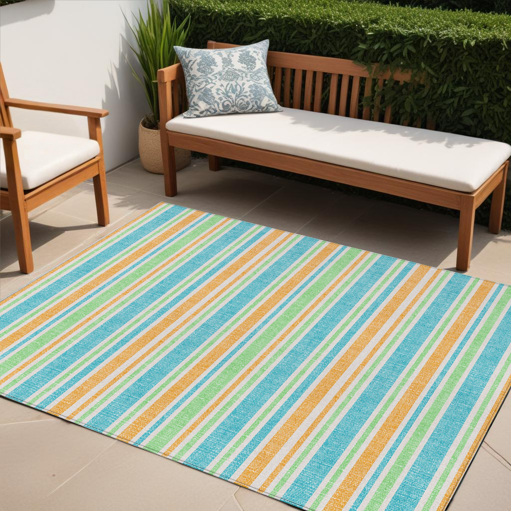5' X 8' Teal Yellow and Green Striped Washable Non Skid Indoor Outdoor Area Rug-561279-1
