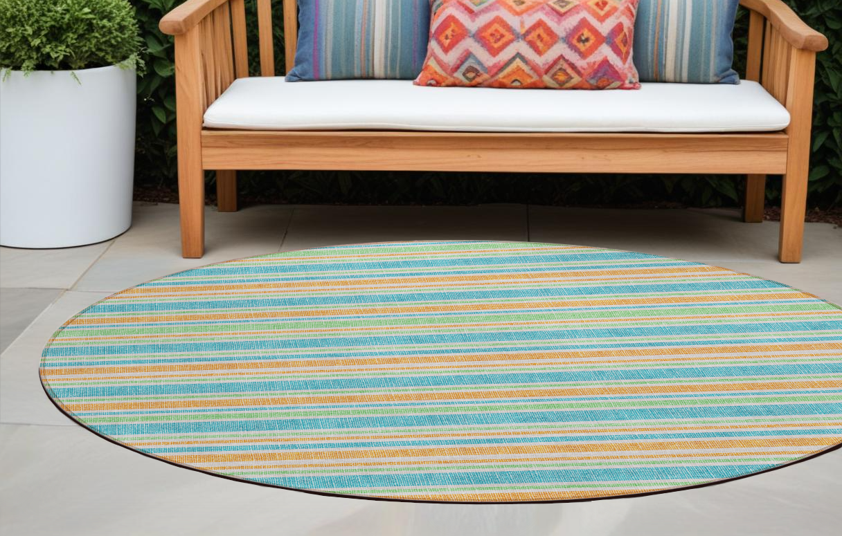 8' X 8' Teal Yellow and Green Round Striped Washable Non Skid Indoor Outdoor Area Rug-561280-1