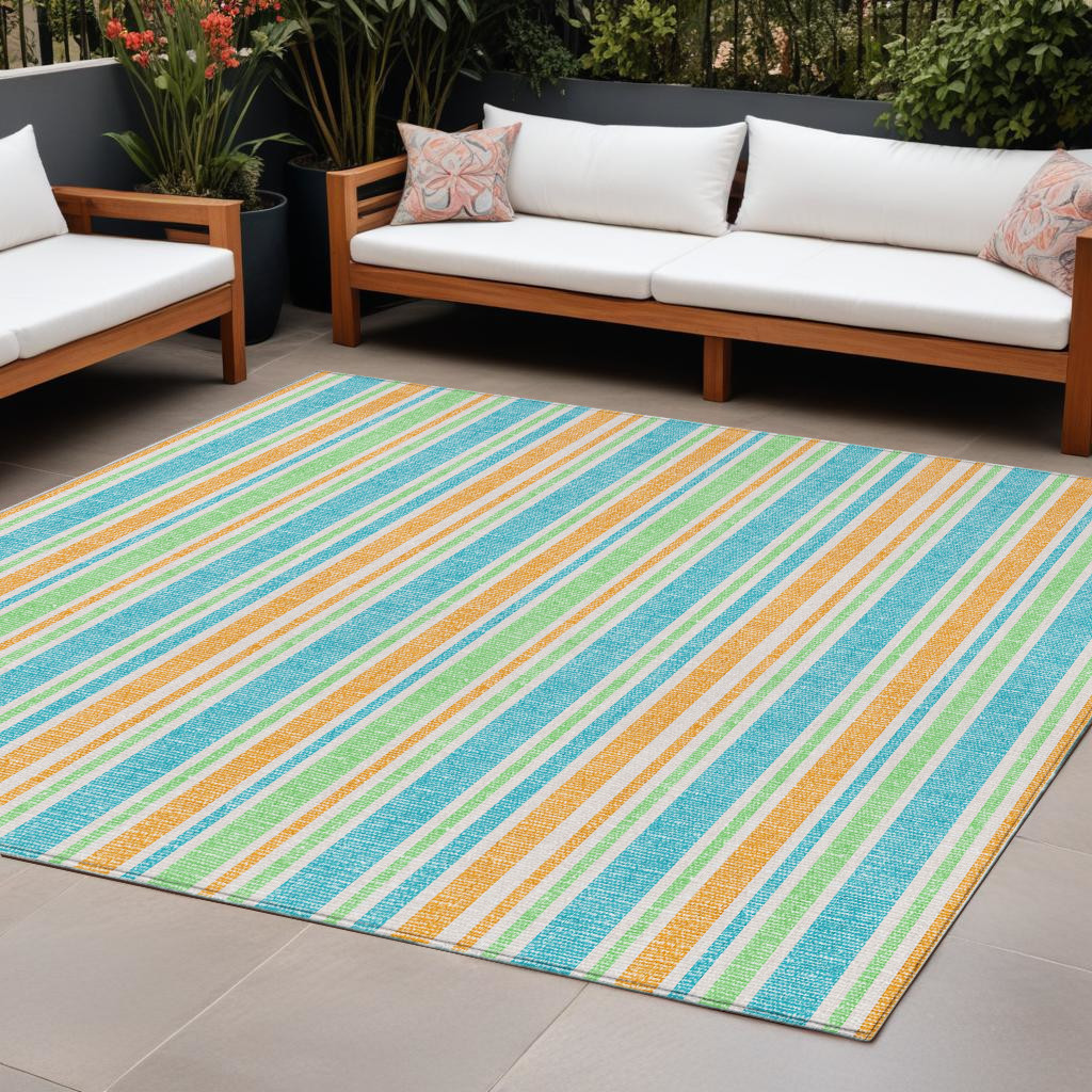 9' X 12' Teal Yellow and Green Striped Washable Non Skid Indoor Outdoor Area Rug-561282-1