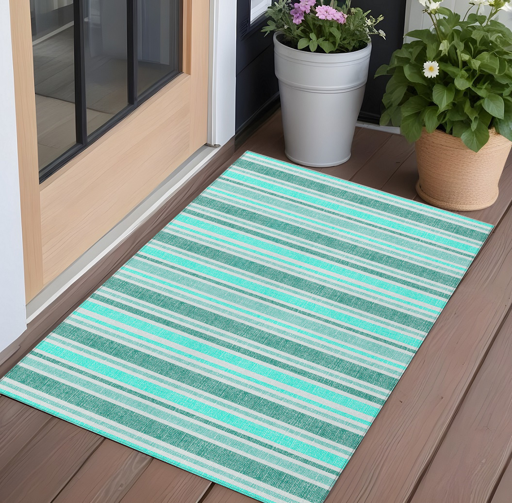 2' X 3' Turquoise Striped Washable Indoor Outdoor Area Rug-561284-1