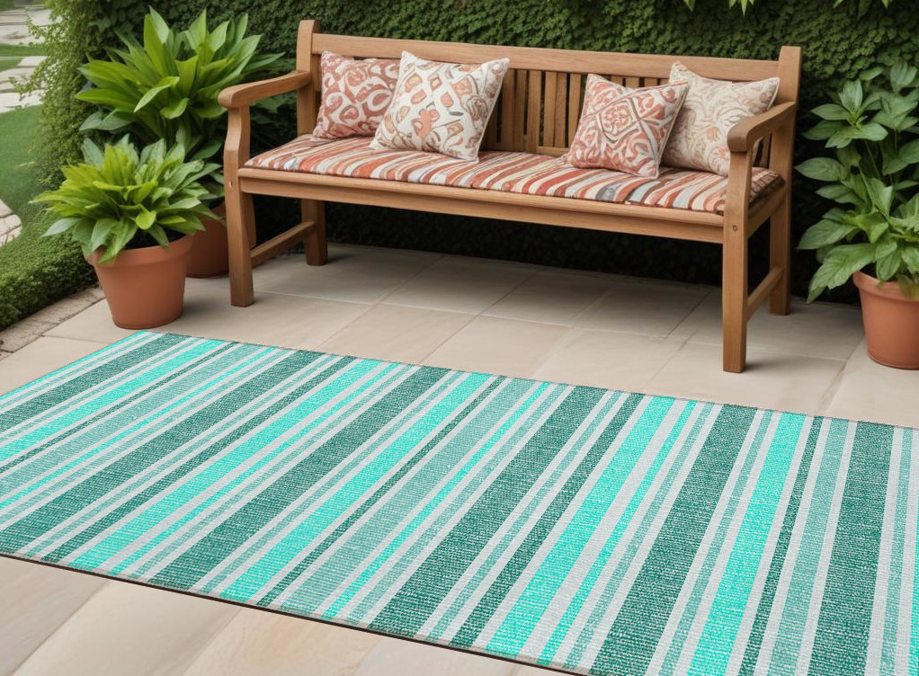 2' X 8' Turquoise Striped Washable Indoor Outdoor Runner Rug-561285-1