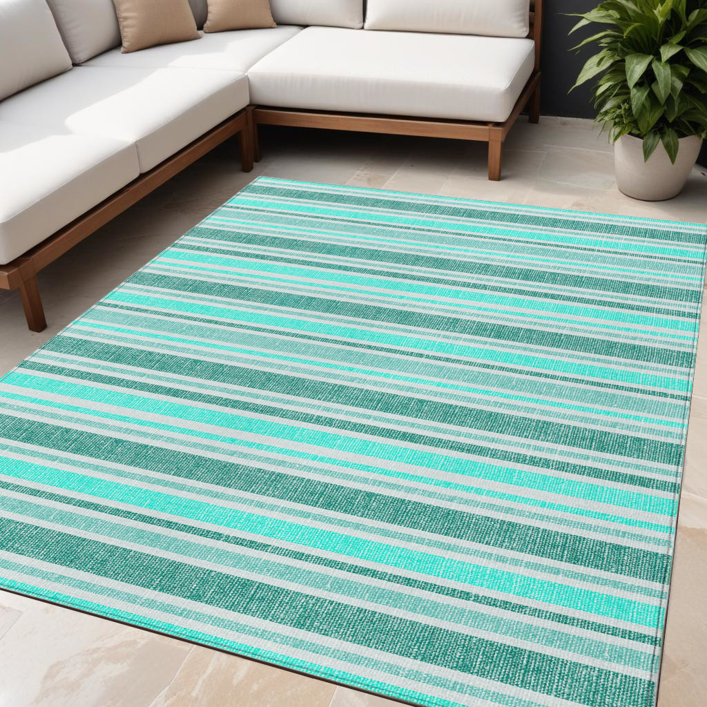 5' X 8' Turquoise Striped Washable Indoor Outdoor Area Rug-561288-1