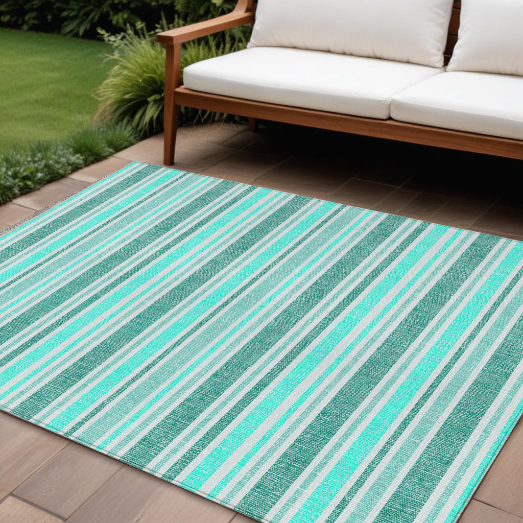 10' X 14' Turquoise Striped Washable Indoor Outdoor Area Rug-561292-1