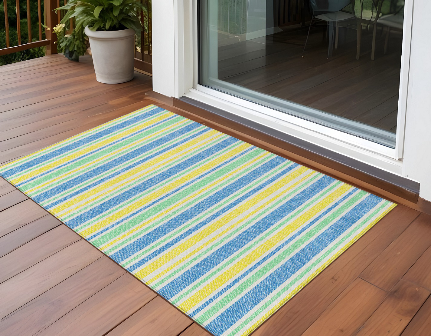 2' X 3' Blue Yellow and Green Striped Washable Non Skid Indoor Outdoor Area Rug-561293-1