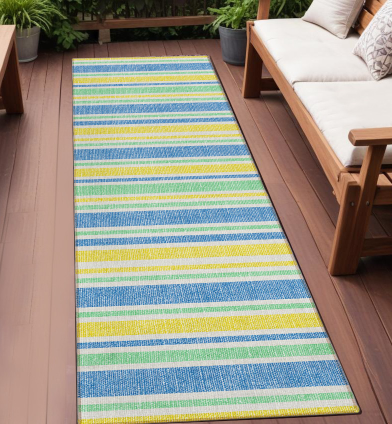 2' X 8' Blue Yellow and Green Striped Washable Non Skid Indoor Outdoor Runner Rug-561294-1