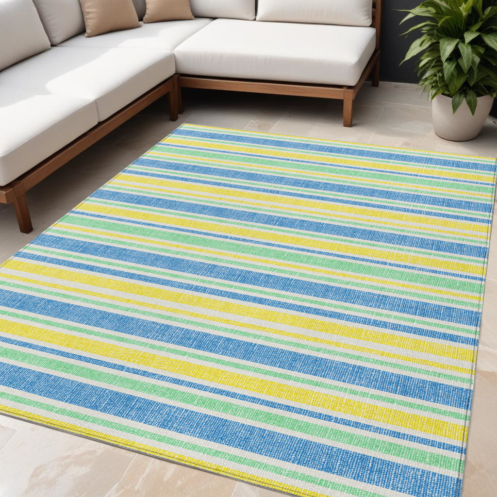 5' X 8' Blue Yellow and Green Striped Washable Non Skid Indoor Outdoor Area Rug-561297-1