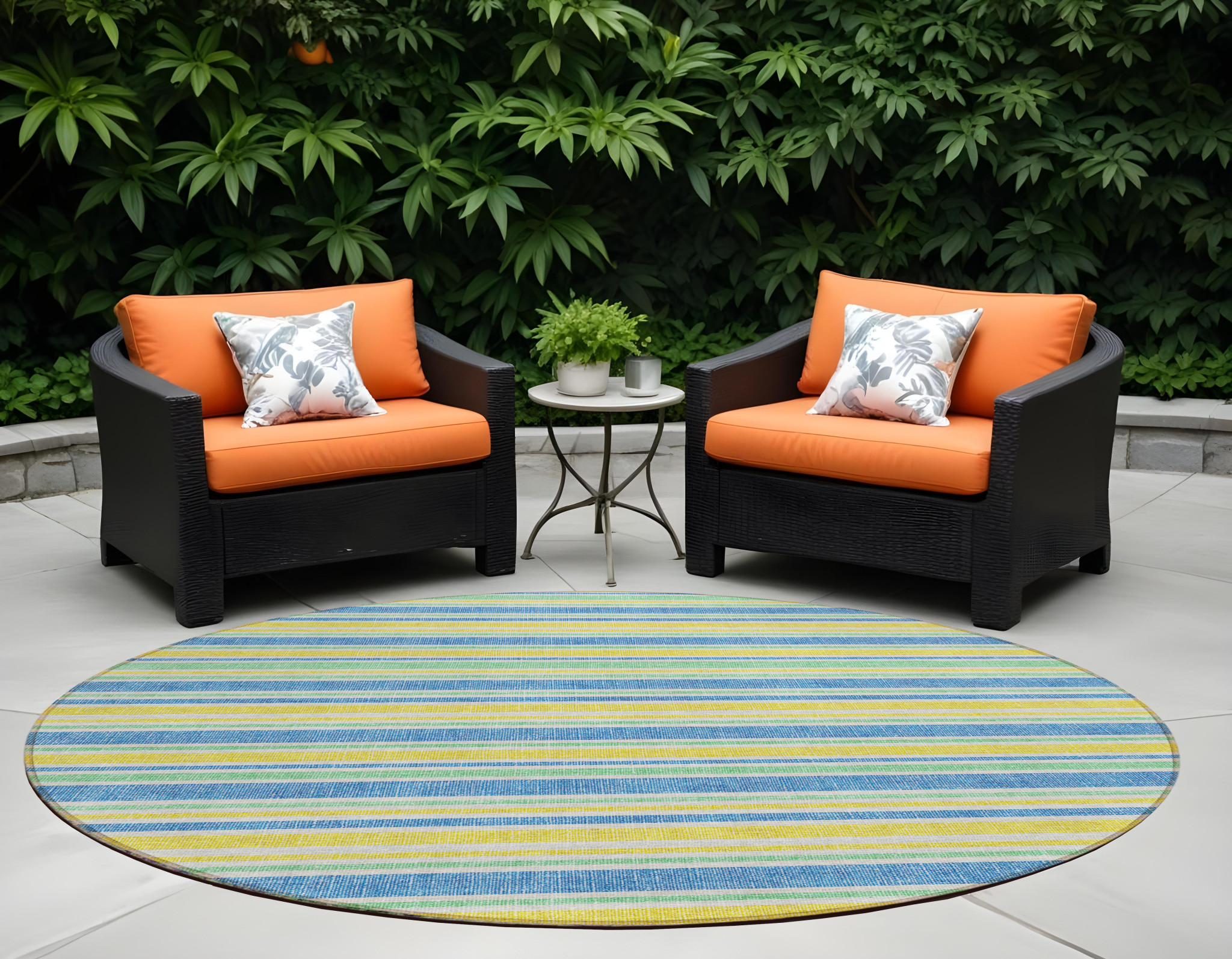 8' X 8' Blue Yellow and Green Round Striped Washable Non Skid Indoor Outdoor Area Rug-561298-1