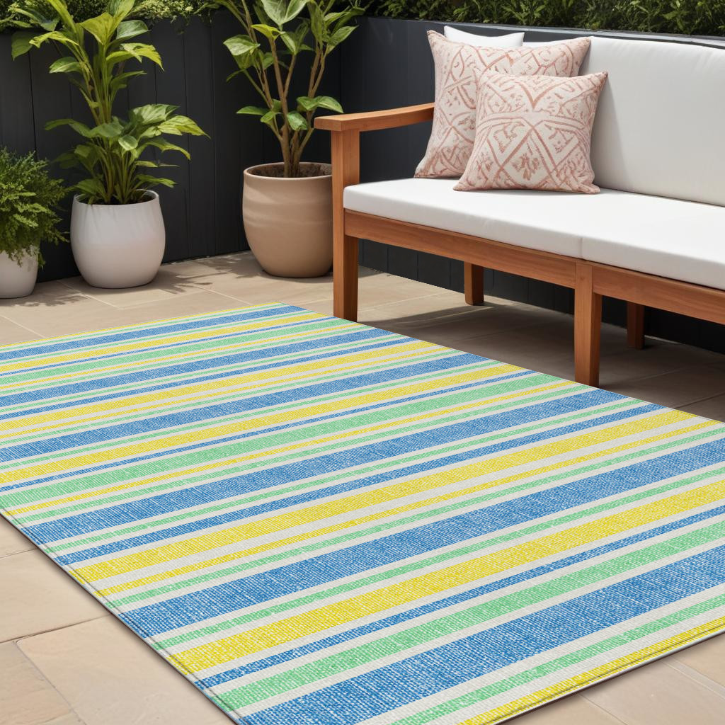 10' X 14' Blue Yellow and Green Striped Washable Non Skid Indoor Outdoor Area Rug-561301-1