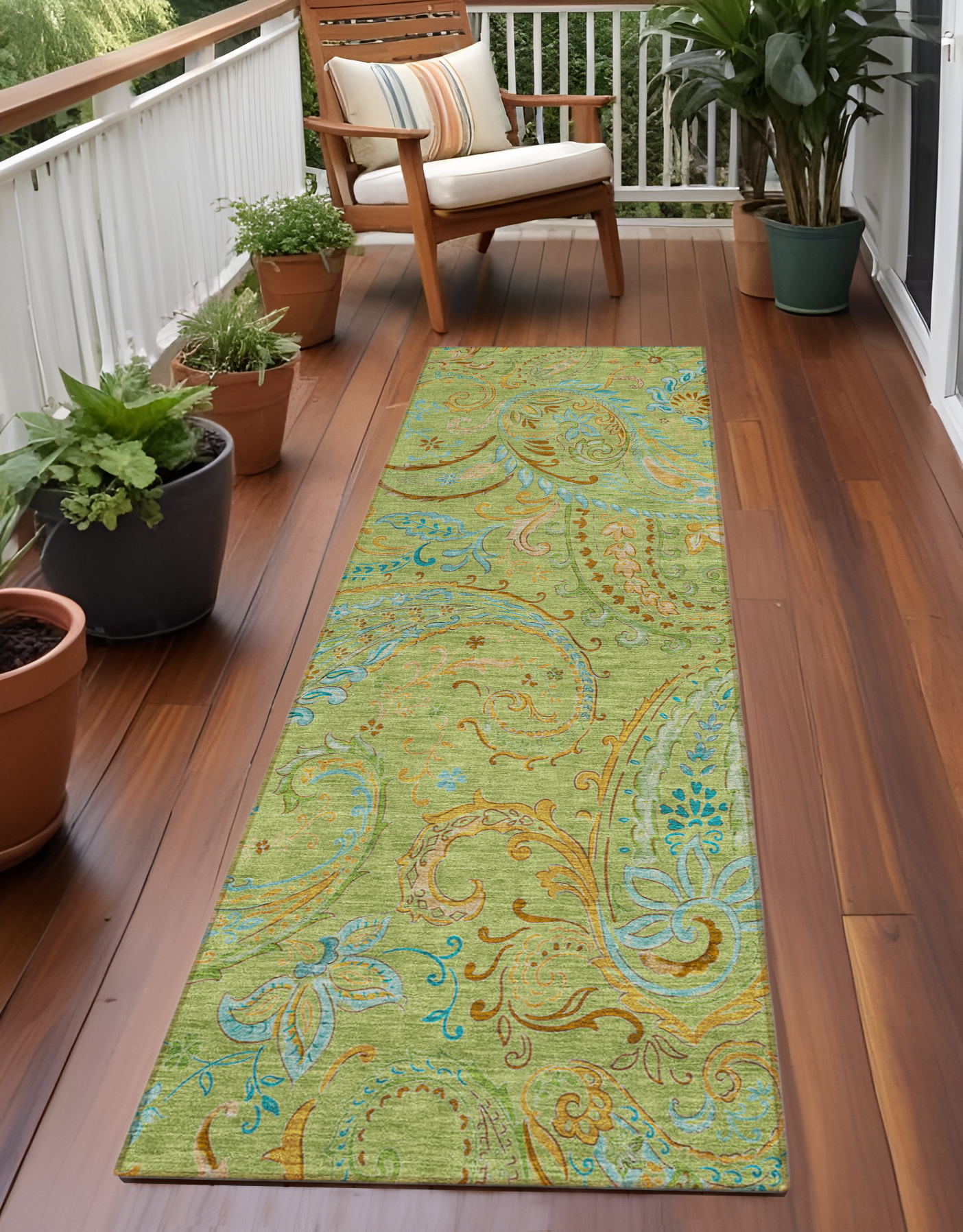 2' X 8' Artichoke Green Paisley Washable Indoor Outdoor Runner Rug-561375-1