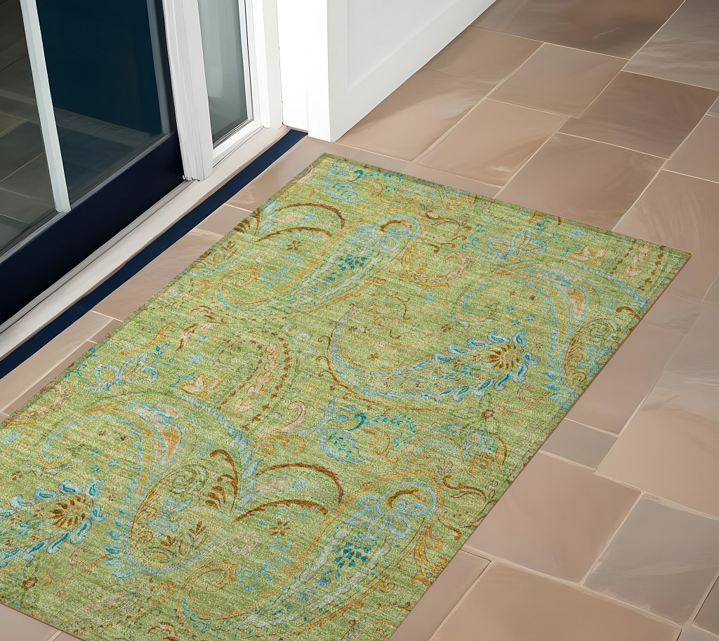 3' X 5' Artichoke Green Paisley Washable Indoor Outdoor Area Rug-561377-1