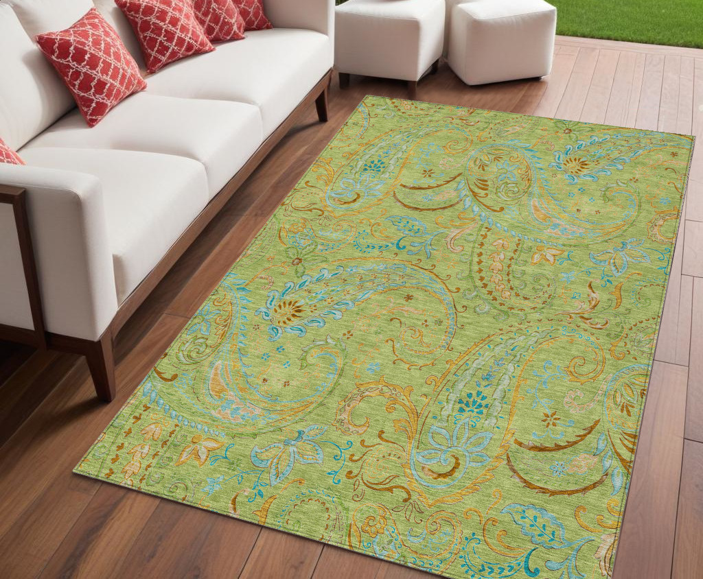 5' X 8' Artichoke Green Paisley Washable Indoor Outdoor Area Rug-561378-1