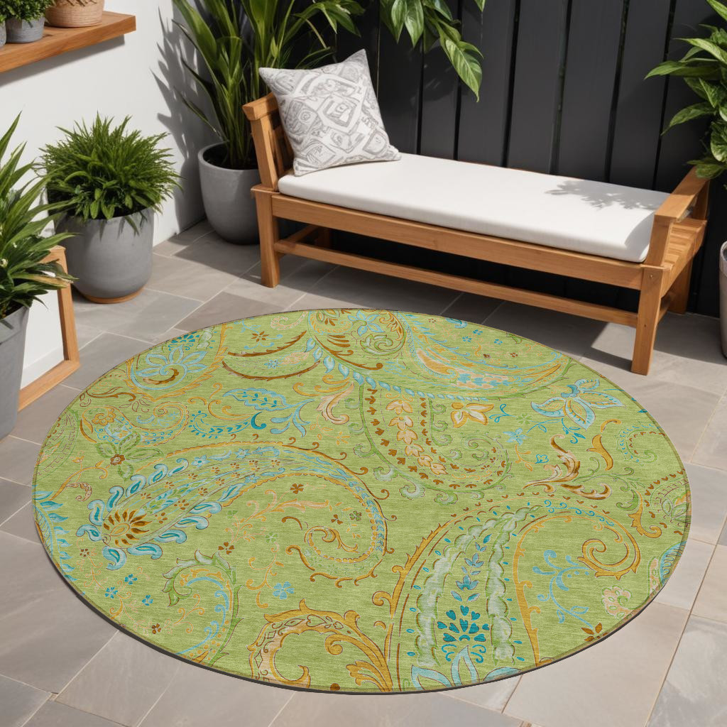 8' X 8' Artichoke Green Round Paisley Washable Indoor Outdoor Area Rug-561379-1
