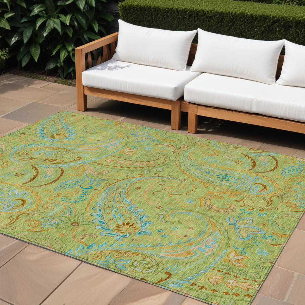 9' X 12' Artichoke Green Paisley Washable Indoor Outdoor Area Rug-561381-1