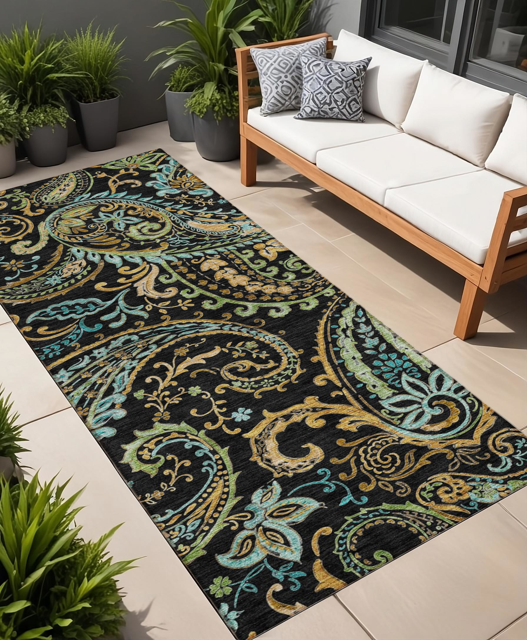 2' X 8' Black and Gold Paisley Washable Indoor Outdoor Runner Rug-561384-1