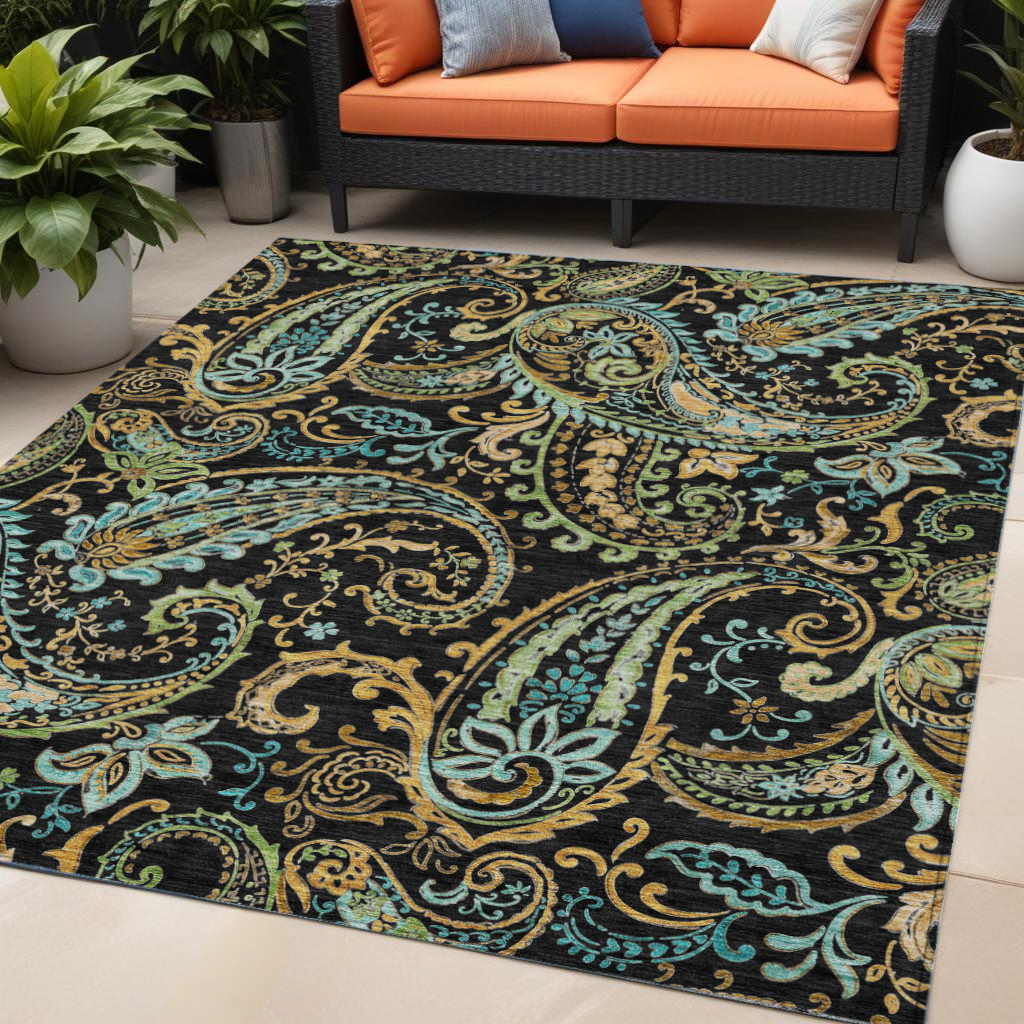5' X 8' Black and Gold Paisley Washable Non Skid Indoor Outdoor Area Rug-561387-1