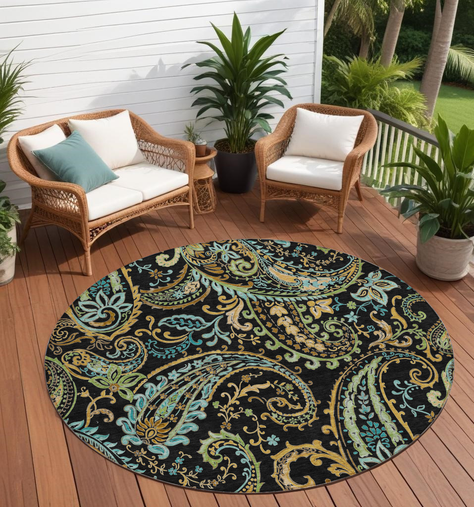 8' X 8' Black and Gold Round Paisley Washable Non Skid Indoor Outdoor Area Rug-561388-1