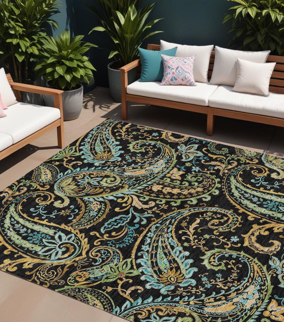 10' X 14' Black and Gold Paisley Washable Indoor Outdoor Area Rug-561391-1
