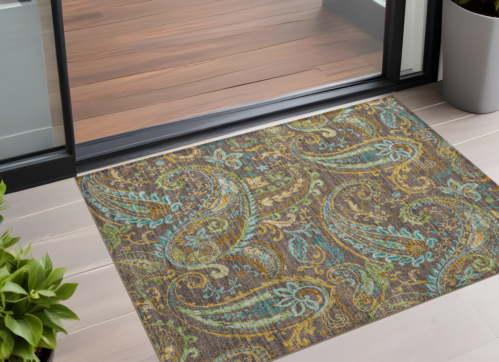 2' X 3' Brown Aqua and Gold Paisley Washable Non Skid Indoor Outdoor Area Rug-561392-1
