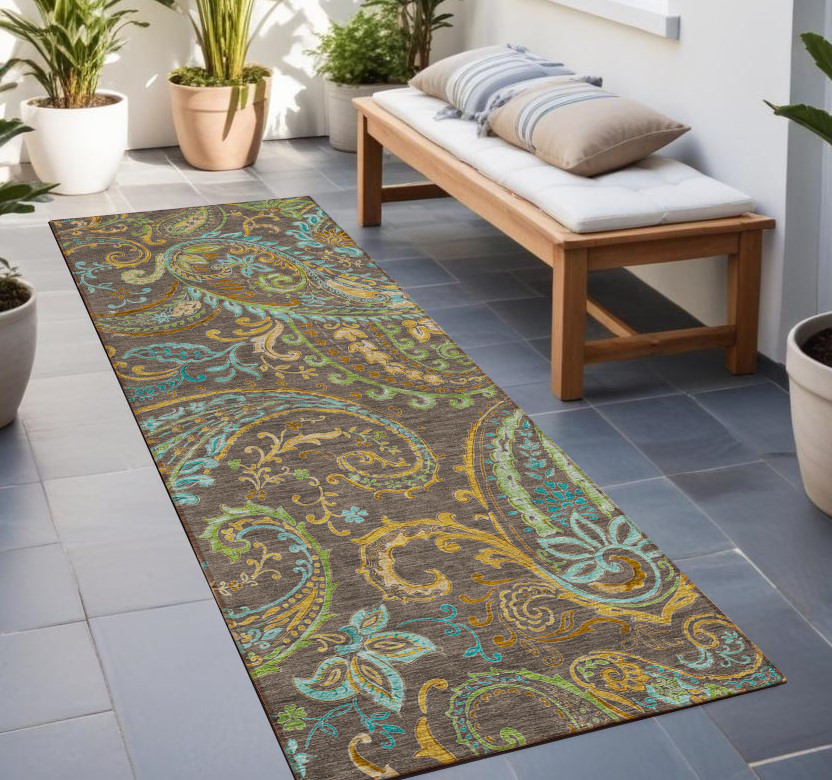 2' X 8' Brown Aqua and Gold Paisley Washable Non Skid Indoor Outdoor Area Rug-561393-1