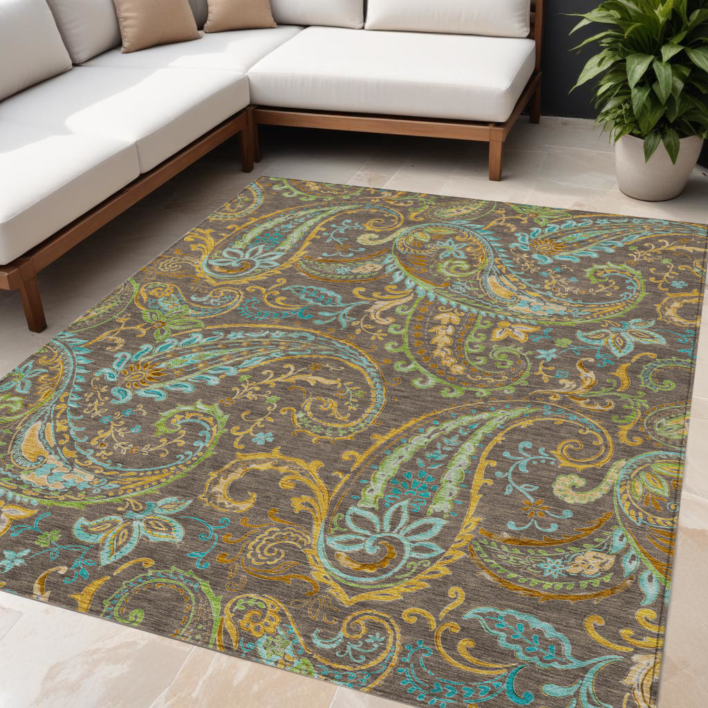 5' X 8' Brown Aqua and Gold Paisley Washable Non Skid Indoor Outdoor Area Rug-561396-1