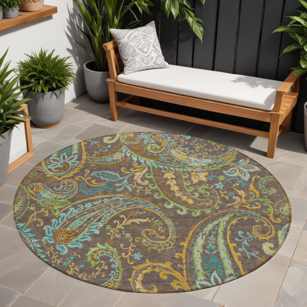 8' X 8' Brown Aqua and Gold Round Paisley Washable Non Skid Indoor Outdoor Area Rug-561397-1