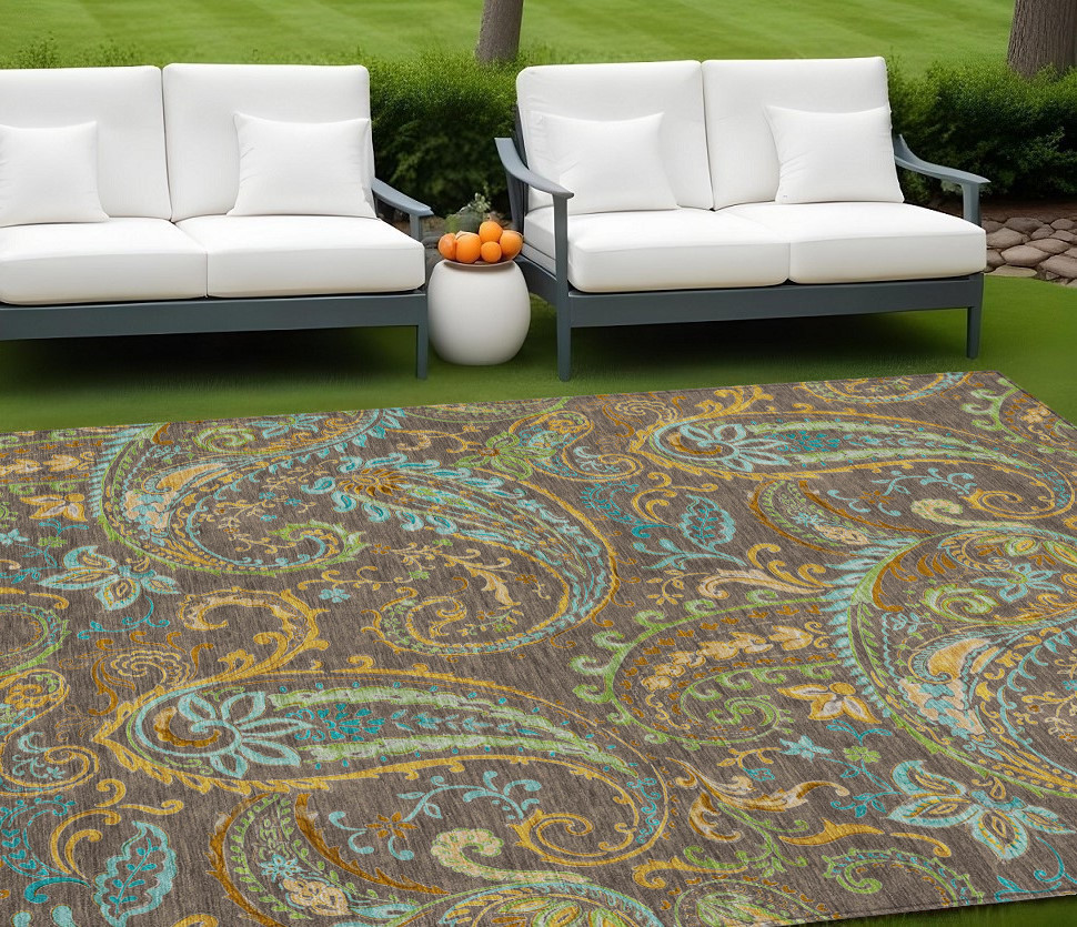 8' X 10' Brown Aqua and Gold Paisley Washable Non Skid Indoor Outdoor Area Rug-561398-1