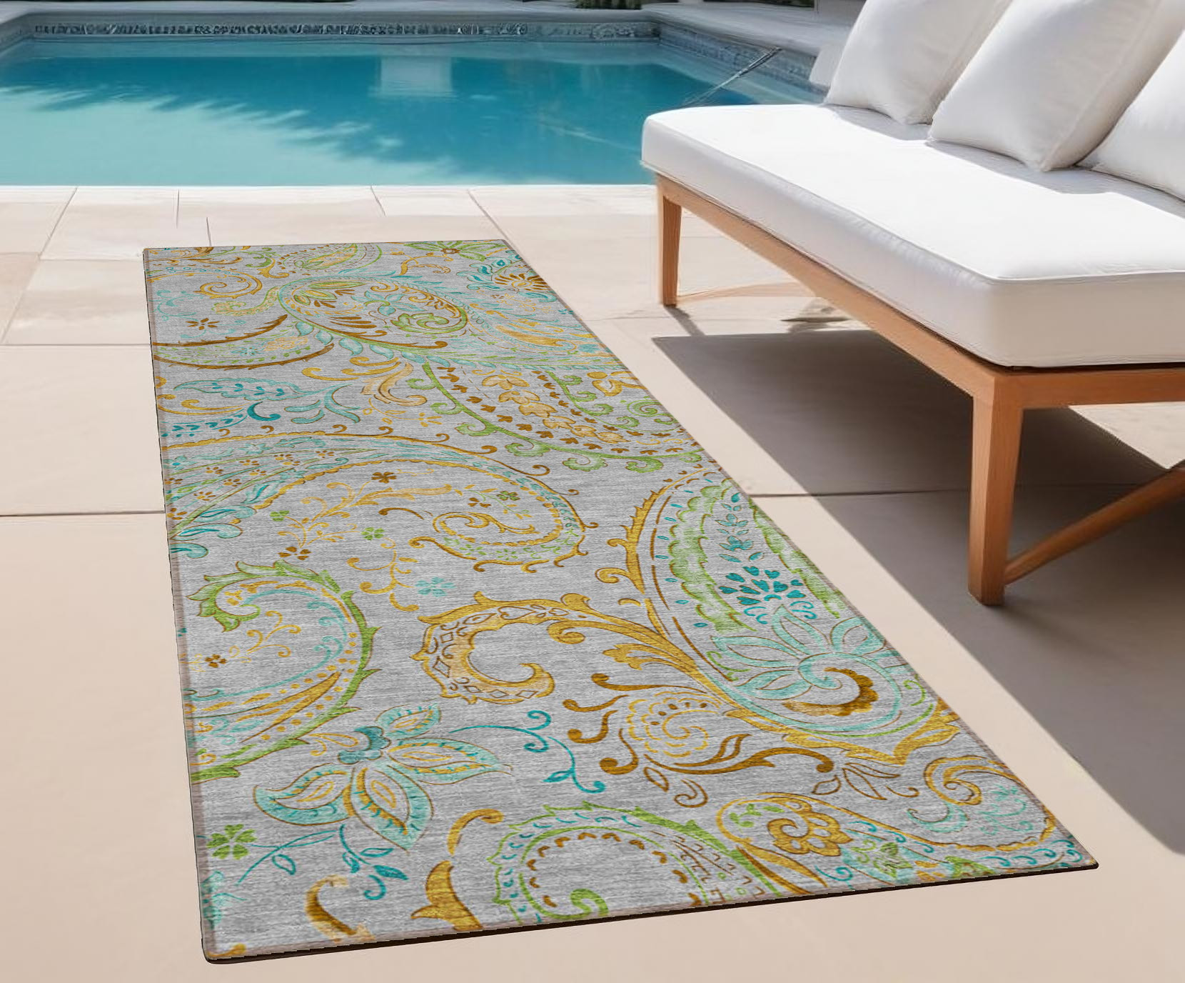 2' X 8' Gray and Gold Paisley Washable Non Skid Indoor Outdoor Runner Rug-561402-1