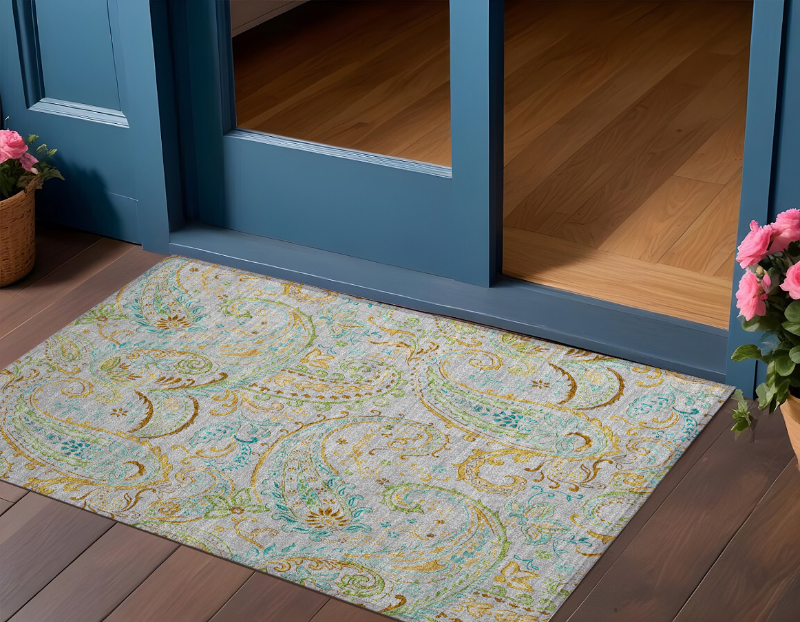 3' X 5' Gray and Gold Paisley Washable Non Skid Indoor Outdoor Area Rug-561404-1