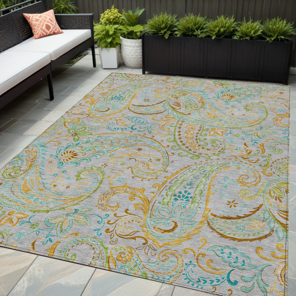 5' X 8' Gray and Gold Paisley Washable Non Skid Indoor Outdoor Area Rug-561405-1