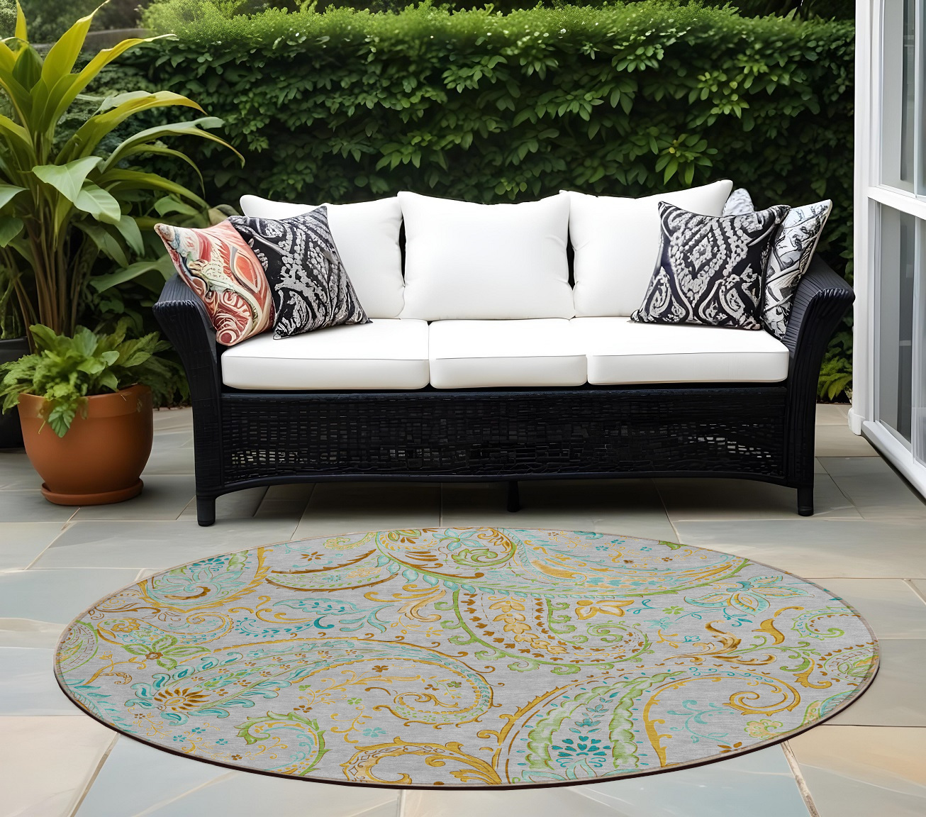 8' Round Gray and Gold Round Paisley Washable Non Skid Indoor Outdoor Area Rug-561406-1