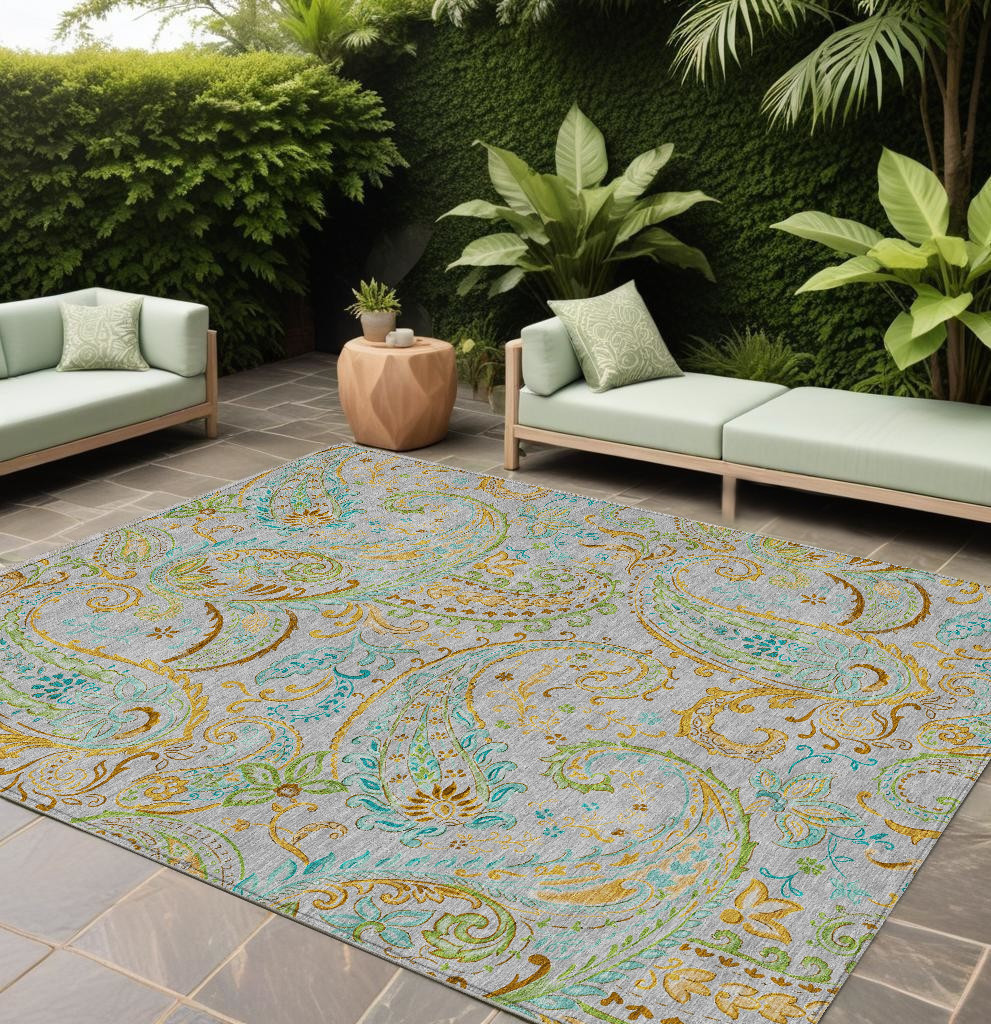 10' X 14' Gray and Gold Paisley Washable Non Skid Indoor Outdoor Area Rug-561409-1