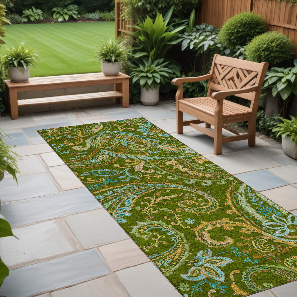 8' Runner Green Paisley Washable Non Skid Indoor Outdoor Runner Rug-561411-1