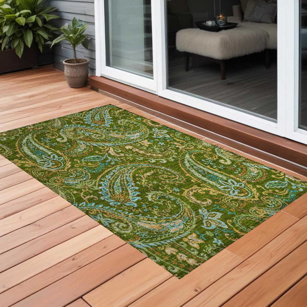 3' X 5' Green Paisley Washable Non Skid Indoor Outdoor Area Rug-561413-1