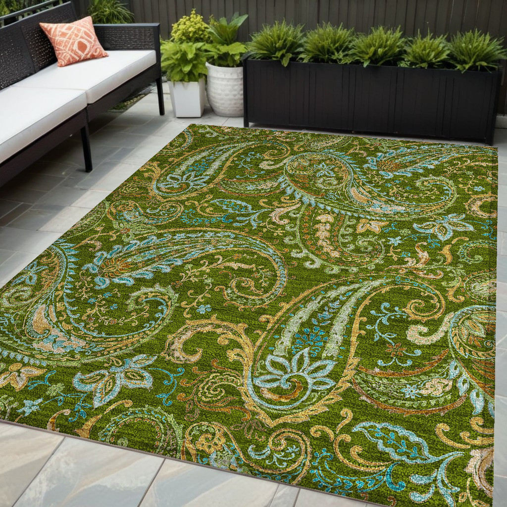 5' X 8' Green Paisley Washable Non Skid Indoor Outdoor Area Rug-561414-1