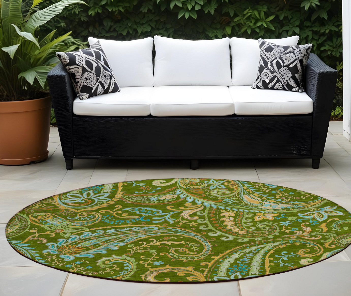 8' Round Green Round Paisley Washable Non Skid Indoor Outdoor Area Rug-561415-1