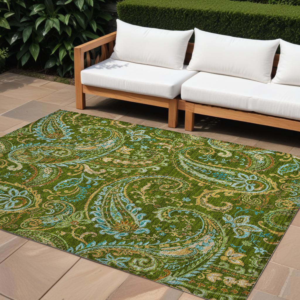 8' X 10' Green Paisley Washable Non Skid Indoor Outdoor Area Rug-561416-1