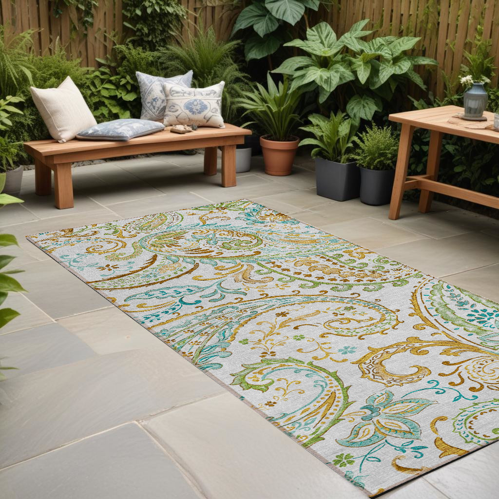8' Runner Ivory and Gold Paisley Washable Non Skid Indoor Outdoor Runner Rug-561420-1