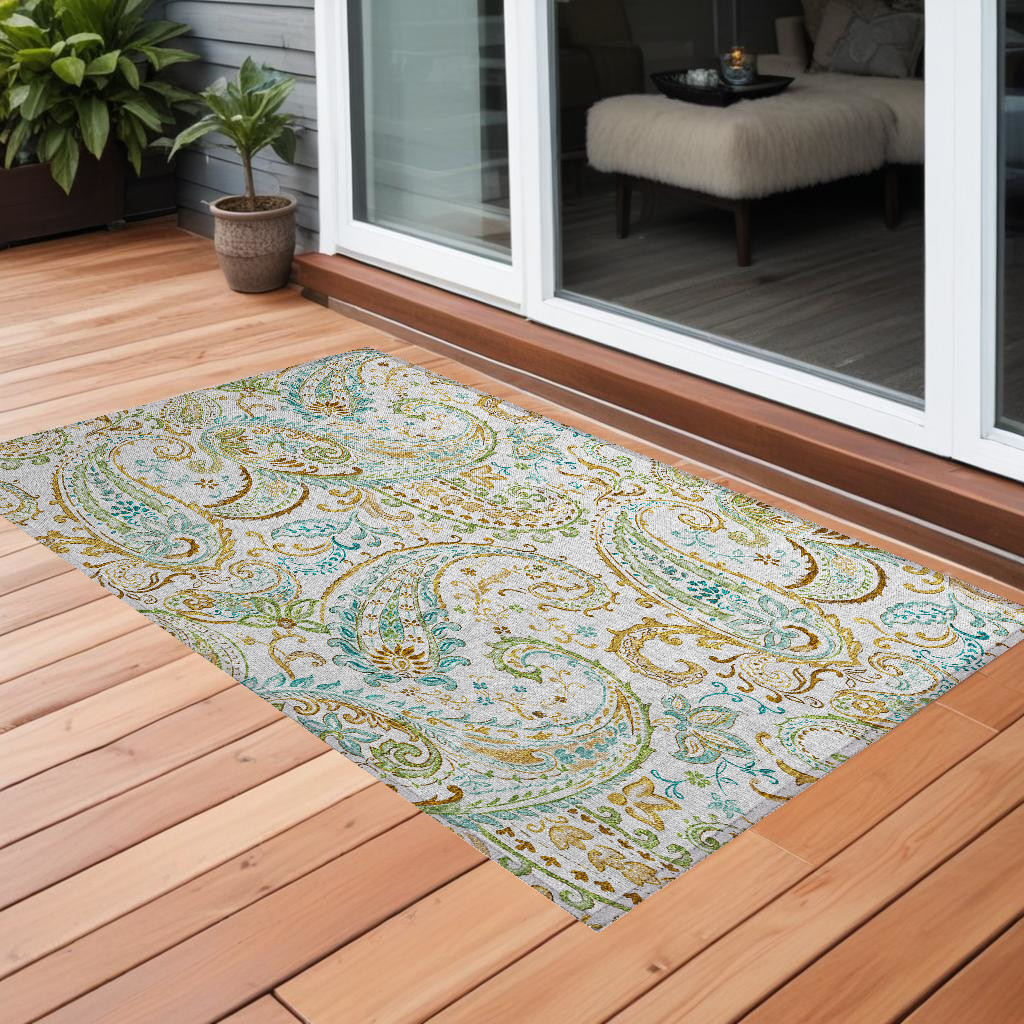 3' X 5' Ivory and Gold Paisley Washable Non Skid Indoor Outdoor Area Rug-561422-1