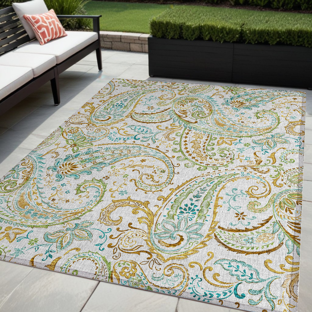 5' X 8' Ivory and Gold Paisley Washable Non Skid Indoor Outdoor Area Rug-561423-1