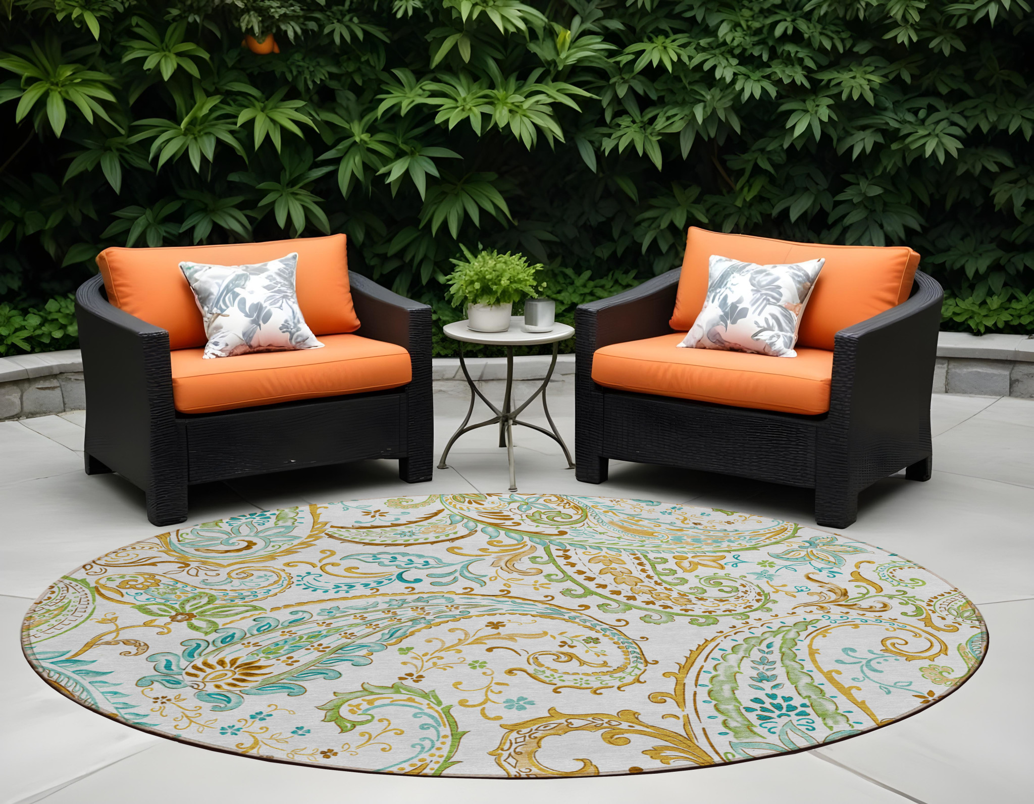 8' Round Ivory and Gold Round Paisley Washable Non Skid Indoor Outdoor Area Rug-561424-1